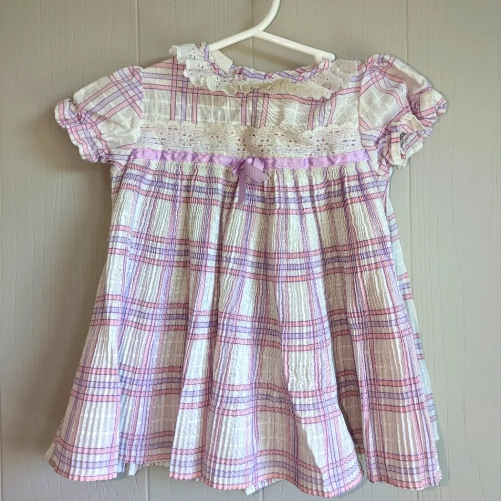 Vintage Roanna Plaid Baby Dress 9 Months Pink Purple Lace Trim Made in USA